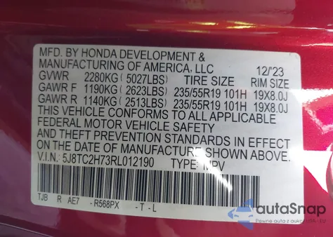 2024 Acura Rdx Advance Package from USA, damaged, VIN 5J8TC2H73RL012190